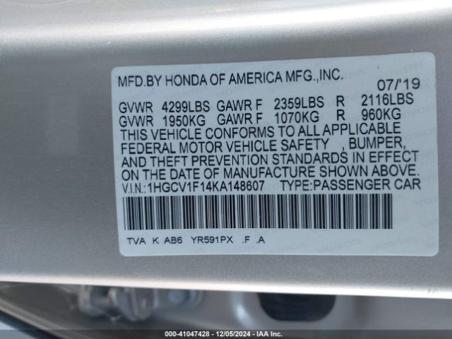 Photo 8 VIN: 1HGCV1F14KA148607 - HONDA ACCORD 