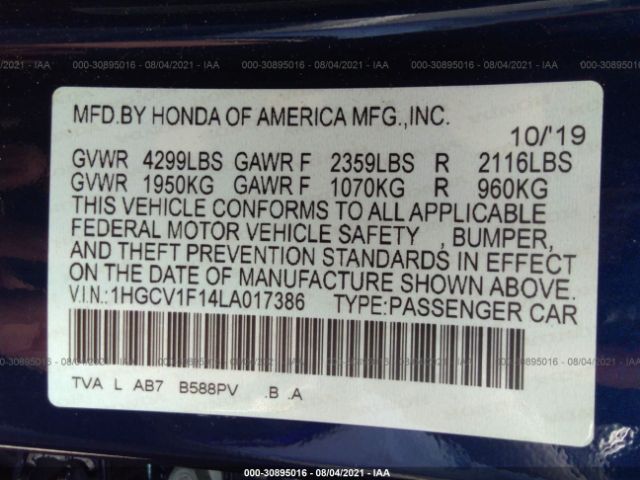 Photo 8 VIN: 1HGCV1F14LA017386 - HONDA ACCORD SEDAN 