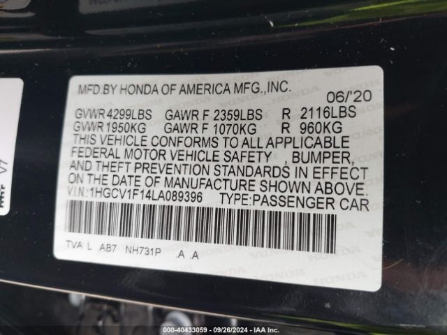 Photo 8 VIN: 1HGCV1F14LA089396 - HONDA ACCORD 