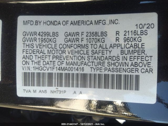 Photo 8 VIN: 1HGCV1F14MA001416 - HONDA ACCORD SEDAN 