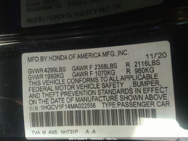 Photo 8 VIN: 1HGCV1F14MA022556 - HONDA ACCORD SEDAN 