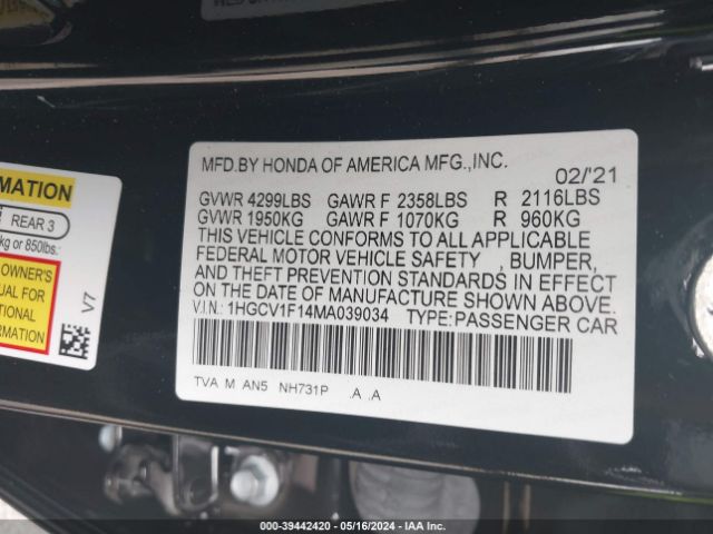 Photo 8 VIN: 1HGCV1F14MA039034 - HONDA ACCORD 