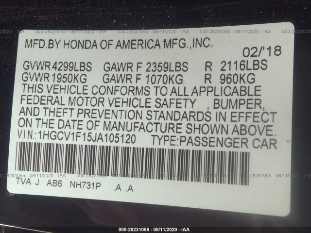 Photo 8 VIN: 1HGCV1F15JA105120 - HONDA ACCORD SEDAN 