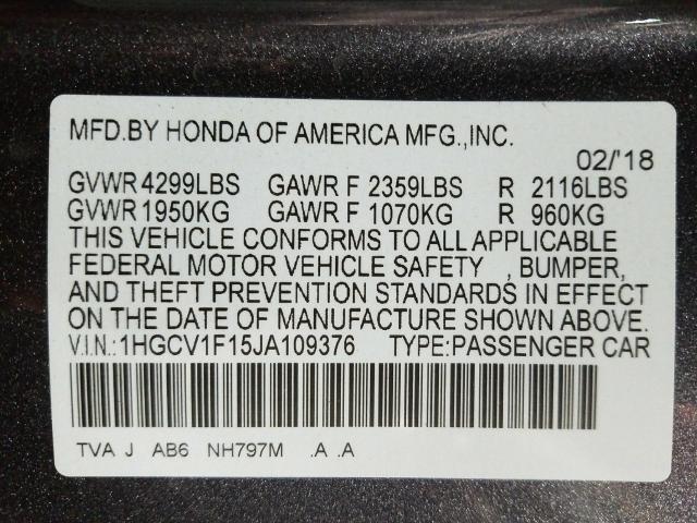 Photo 9 VIN: 1HGCV1F15JA109376 - HONDA ACCORD LX 