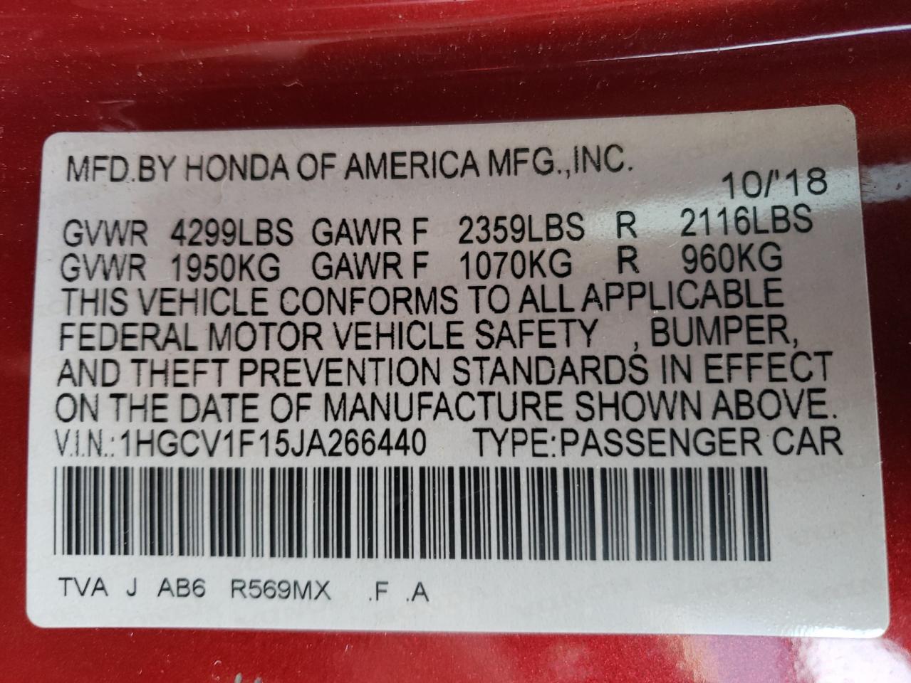 Photo 11 VIN: 1HGCV1F15JA266440 - HONDA ACCORD 