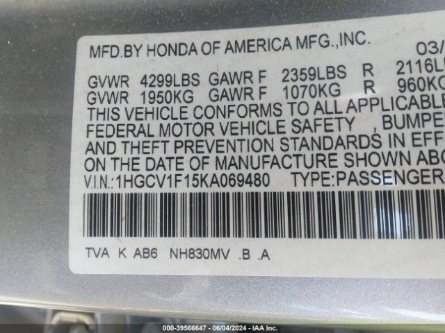 Photo 8 VIN: 1HGCV1F15KA069480 - HONDA ACCORD 