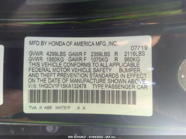 Photo 8 VIN: 1HGCV1F15KA132478 - HONDA ACCORD SEDAN 