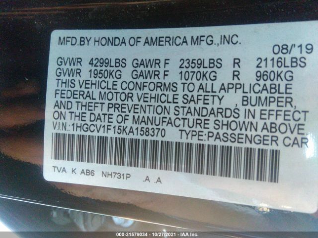 Photo 8 VIN: 1HGCV1F15KA158370 - HONDA ACCORD SEDAN 