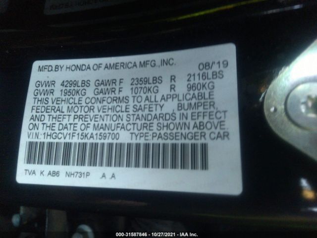 Photo 8 VIN: 1HGCV1F15KA159700 - HONDA ACCORD SEDAN 