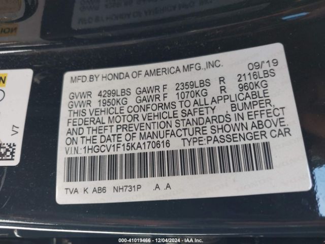 Photo 8 VIN: 1HGCV1F15KA170616 - HONDA ACCORD 