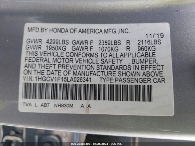 Photo 8 VIN: 1HGCV1F15LA026341 - HONDA ACCORD 