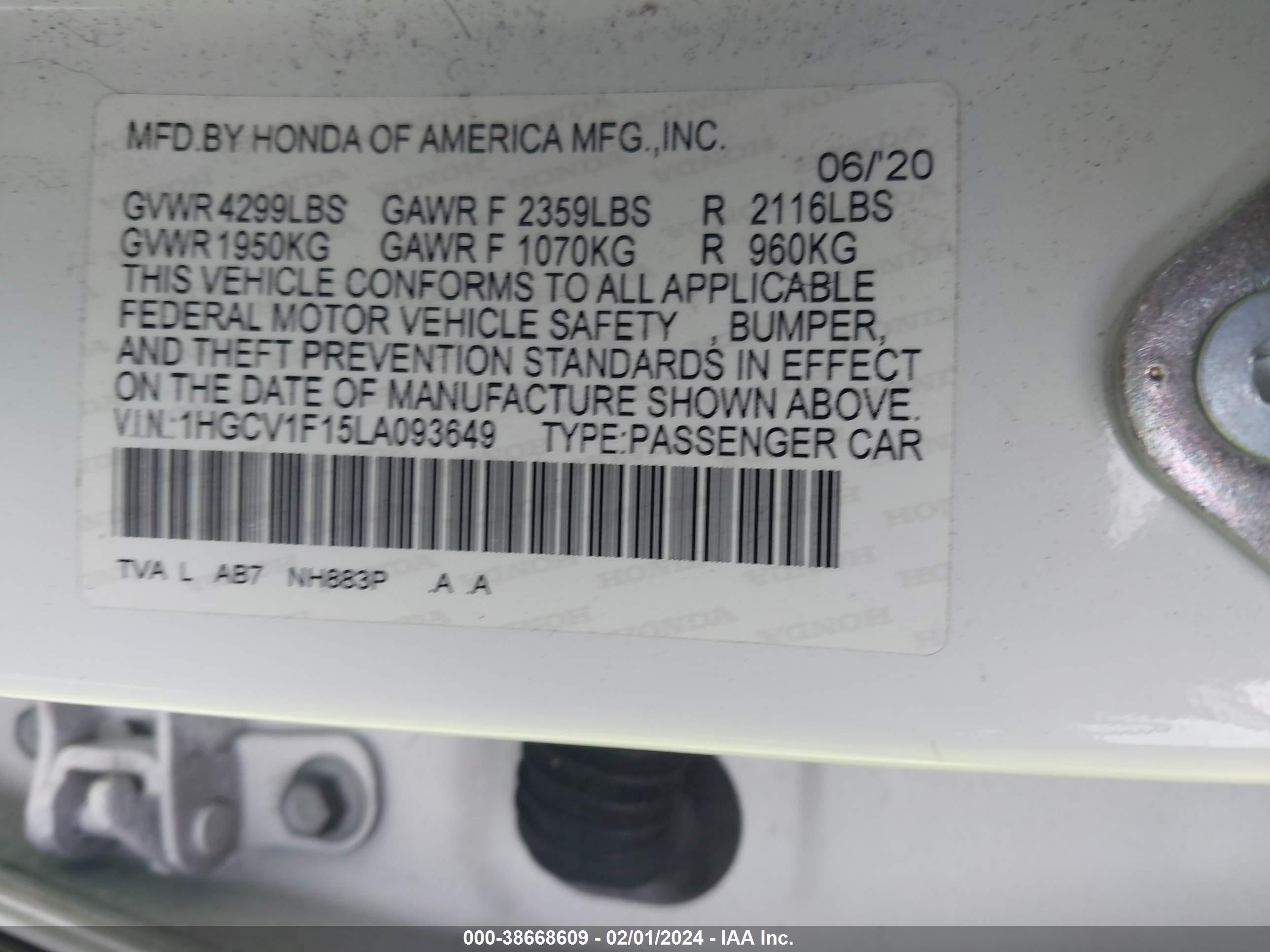 Photo 8 VIN: 1HGCV1F15LA093649 - HONDA ACCORD 