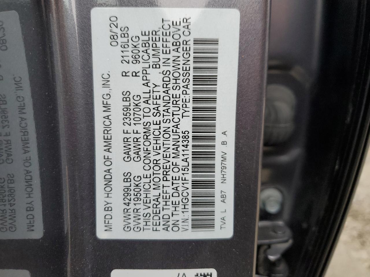 Photo 11 VIN: 1HGCV1F15LA114385 - HONDA ACCORD 