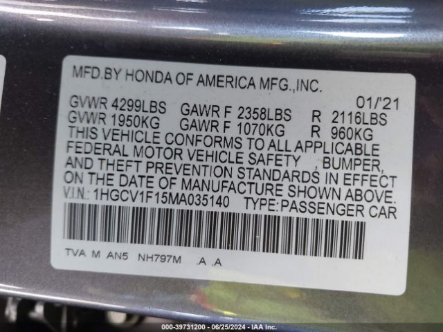 Photo 8 VIN: 1HGCV1F15MA035140 - HONDA ACCORD 