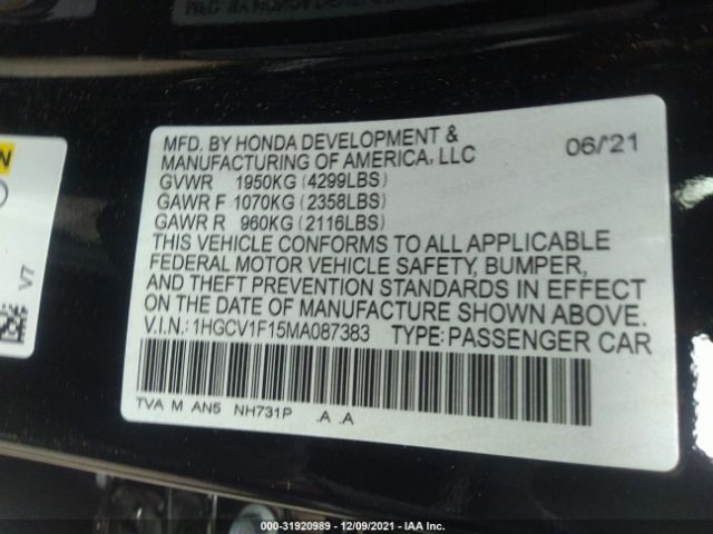 Photo 8 VIN: 1HGCV1F15MA087383 - HONDA ACCORD SEDAN 