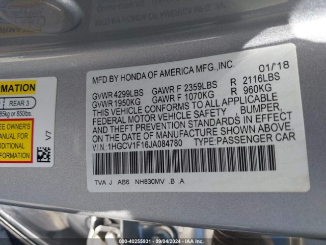 Photo 8 VIN: 1HGCV1F16JA084780 - HONDA ACCORD 