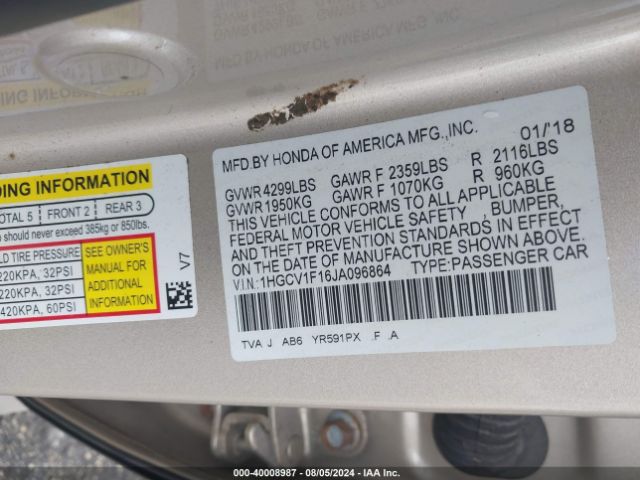 Photo 8 VIN: 1HGCV1F16JA096864 - HONDA ACCORD 