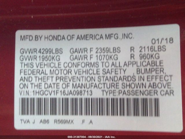 Photo 8 VIN: 1HGCV1F16JA098713 - HONDA ACCORD SEDAN 