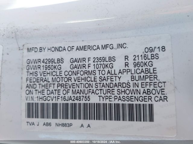 Photo 8 VIN: 1HGCV1F16JA248755 - HONDA ACCORD 