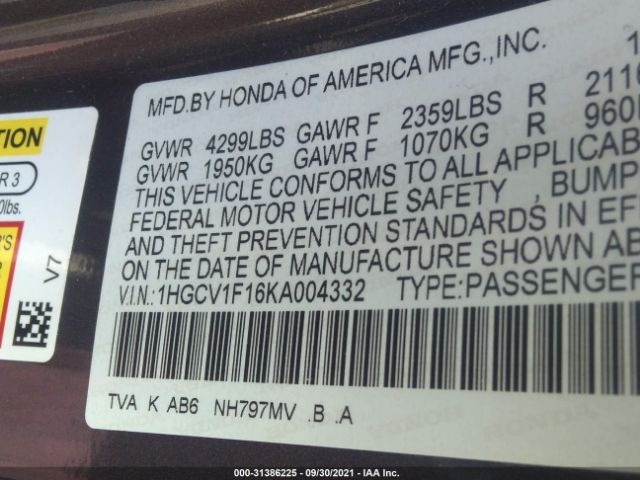 Photo 8 VIN: 1HGCV1F16KA004332 - HONDA ACCORD SEDAN 