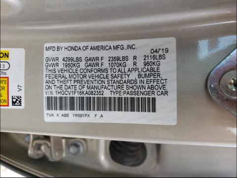 Photo 9 VIN: 1HGCV1F16KA082352 - HONDA ACCORD LX 