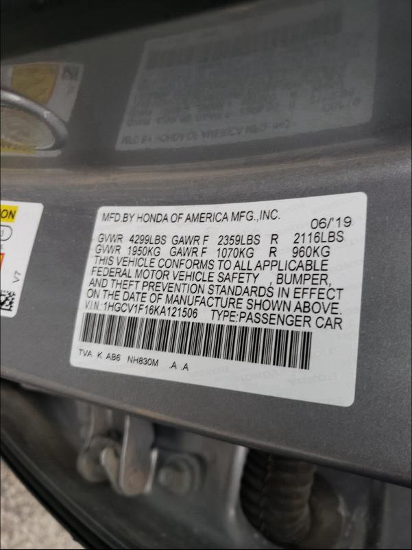 Photo 9 VIN: 1HGCV1F16KA121506 - HONDA ACCORD LX 