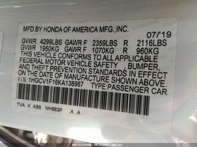 Photo 8 VIN: 1HGCV1F16KA138967 - HONDA ACCORD SEDAN 