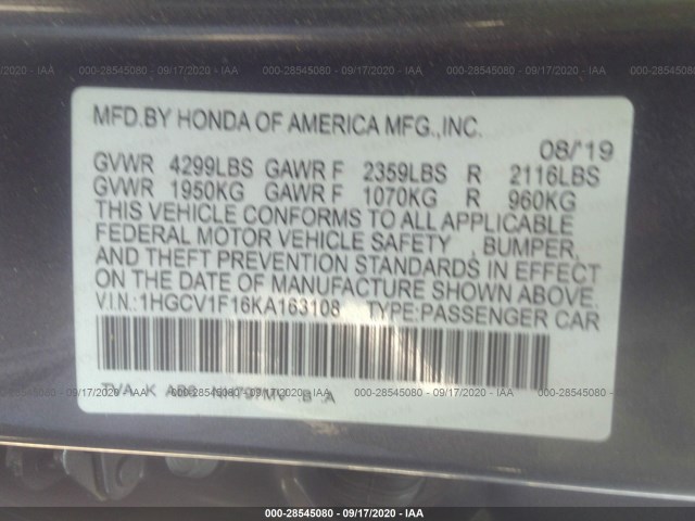 Photo 8 VIN: 1HGCV1F16KA163108 - HONDA ACCORD SEDAN 