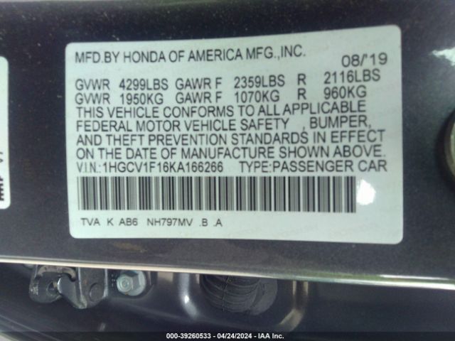 Photo 8 VIN: 1HGCV1F16KA166266 - HONDA ACCORD 