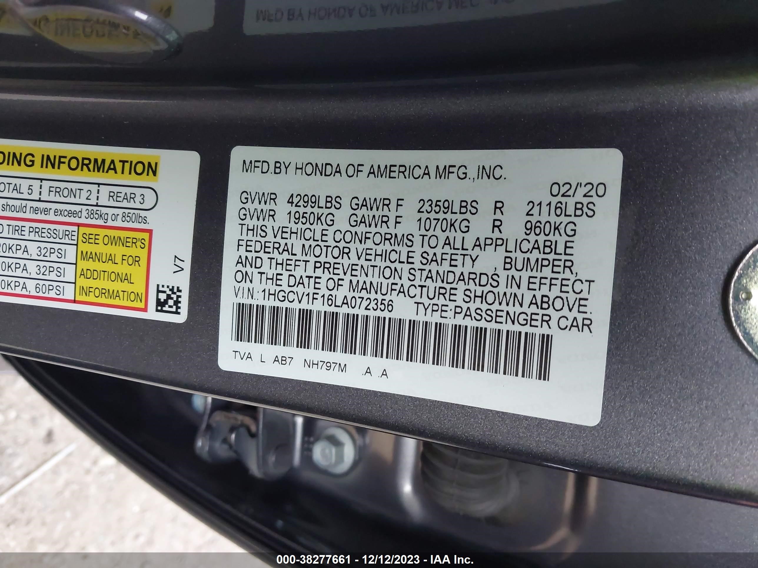 Photo 8 VIN: 1HGCV1F16LA072356 - HONDA ACCORD 