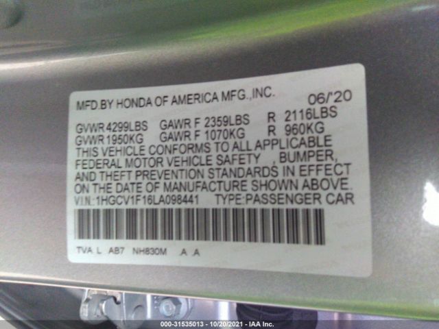 Photo 8 VIN: 1HGCV1F16LA098441 - HONDA ACCORD SEDAN 