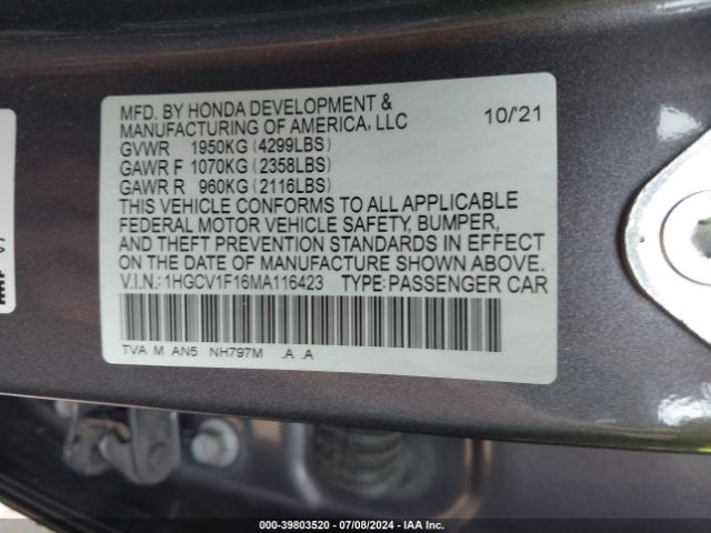 Photo 8 VIN: 1HGCV1F16MA116423 - HONDA ACCORD 