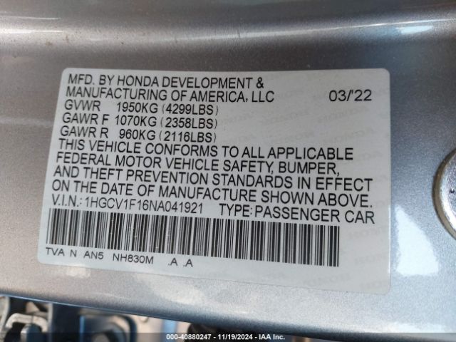 Photo 8 VIN: 1HGCV1F16NA041921 - HONDA ACCORD 