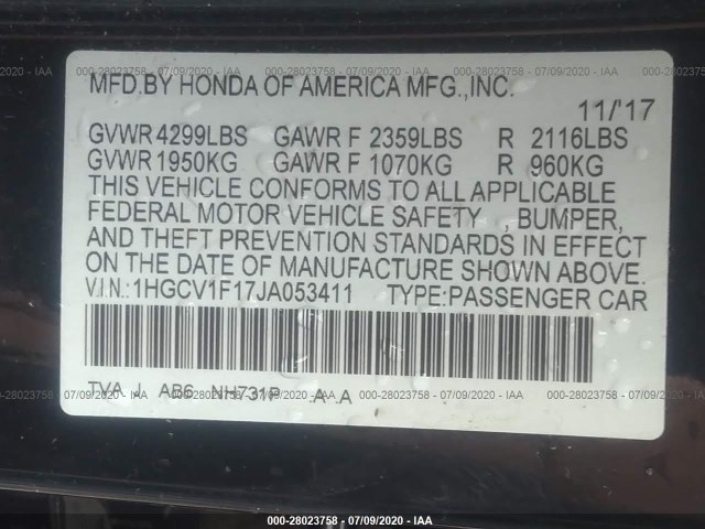 Photo 8 VIN: 1HGCV1F17JA053411 - HONDA ACCORD SEDAN 