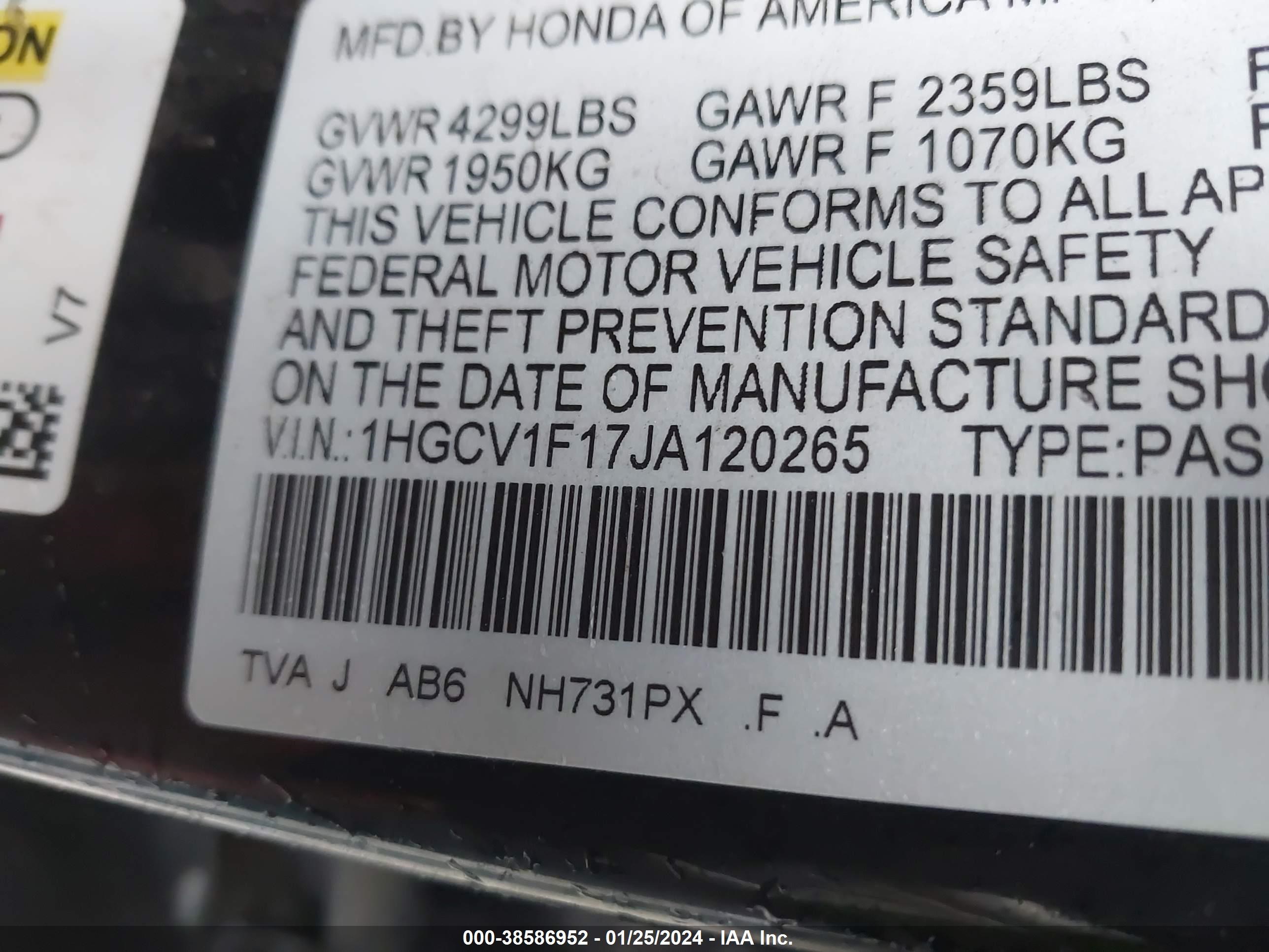 Photo 8 VIN: 1HGCV1F17JA120265 - HONDA ACCORD 