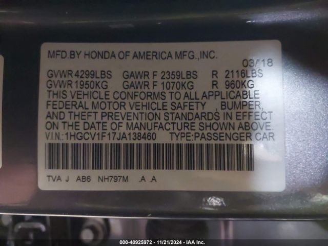 Photo 8 VIN: 1HGCV1F17JA138460 - HONDA ACCORD 