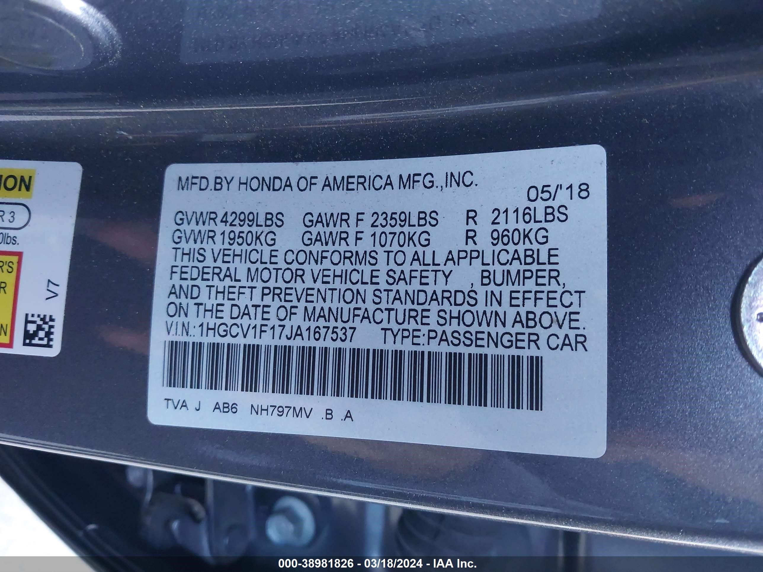 Photo 8 VIN: 1HGCV1F17JA167537 - HONDA ACCORD 