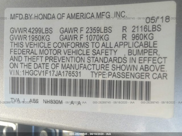 Photo 8 VIN: 1HGCV1F17JA176531 - HONDA ACCORD SEDAN 