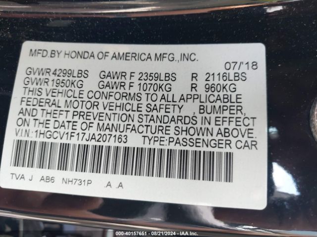 Photo 8 VIN: 1HGCV1F17JA207163 - HONDA ACCORD 