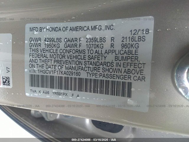 Photo 8 VIN: 1HGCV1F17KA029160 - HONDA ACCORD SEDAN 