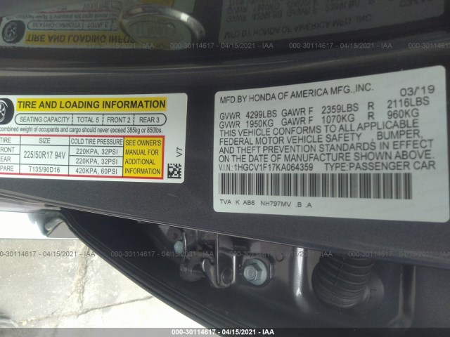 Photo 8 VIN: 1HGCV1F17KA064359 - HONDA ACCORD SEDAN 