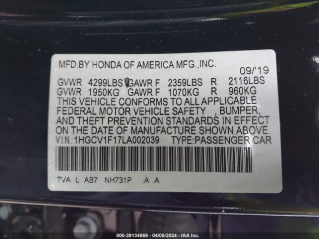 Photo 8 VIN: 1HGCV1F17LA002039 - HONDA ACCORD 