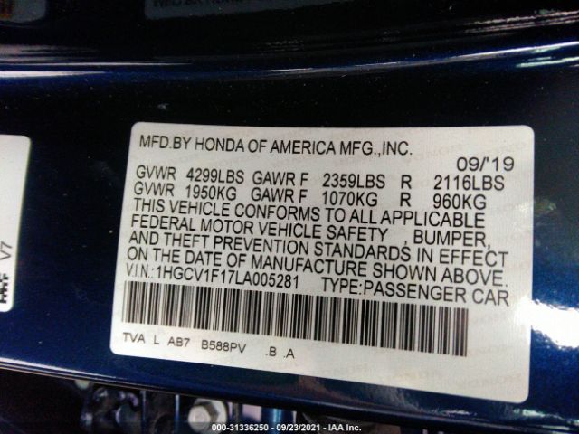 Photo 8 VIN: 1HGCV1F17LA005281 - HONDA ACCORD SEDAN 