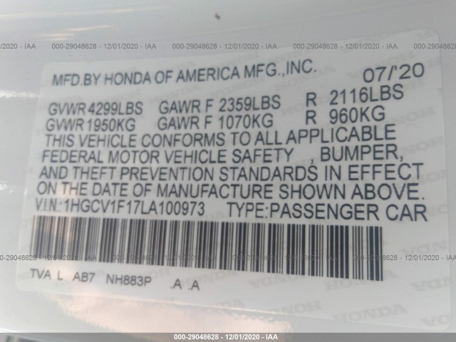 Photo 8 VIN: 1HGCV1F17LA100973 - HONDA ACCORD SEDAN 