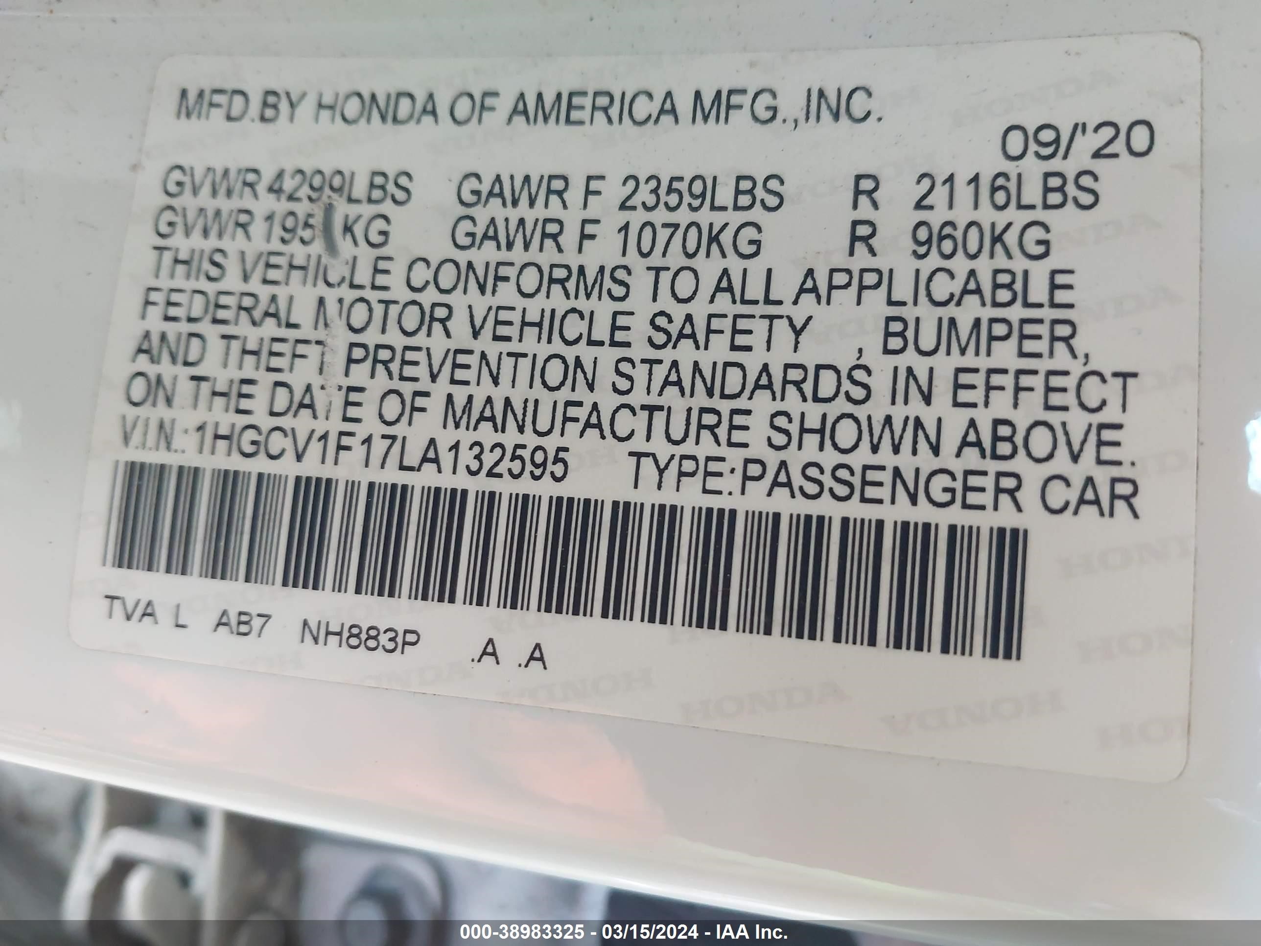 Photo 8 VIN: 1HGCV1F17LA132595 - HONDA ACCORD 