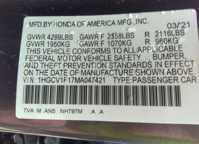 Photo 8 VIN: 1HGCV1F17MA047421 - HONDA ACCORD 