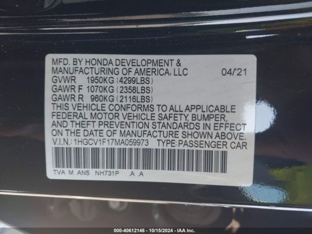 Photo 8 VIN: 1HGCV1F17MA059973 - HONDA ACCORD 