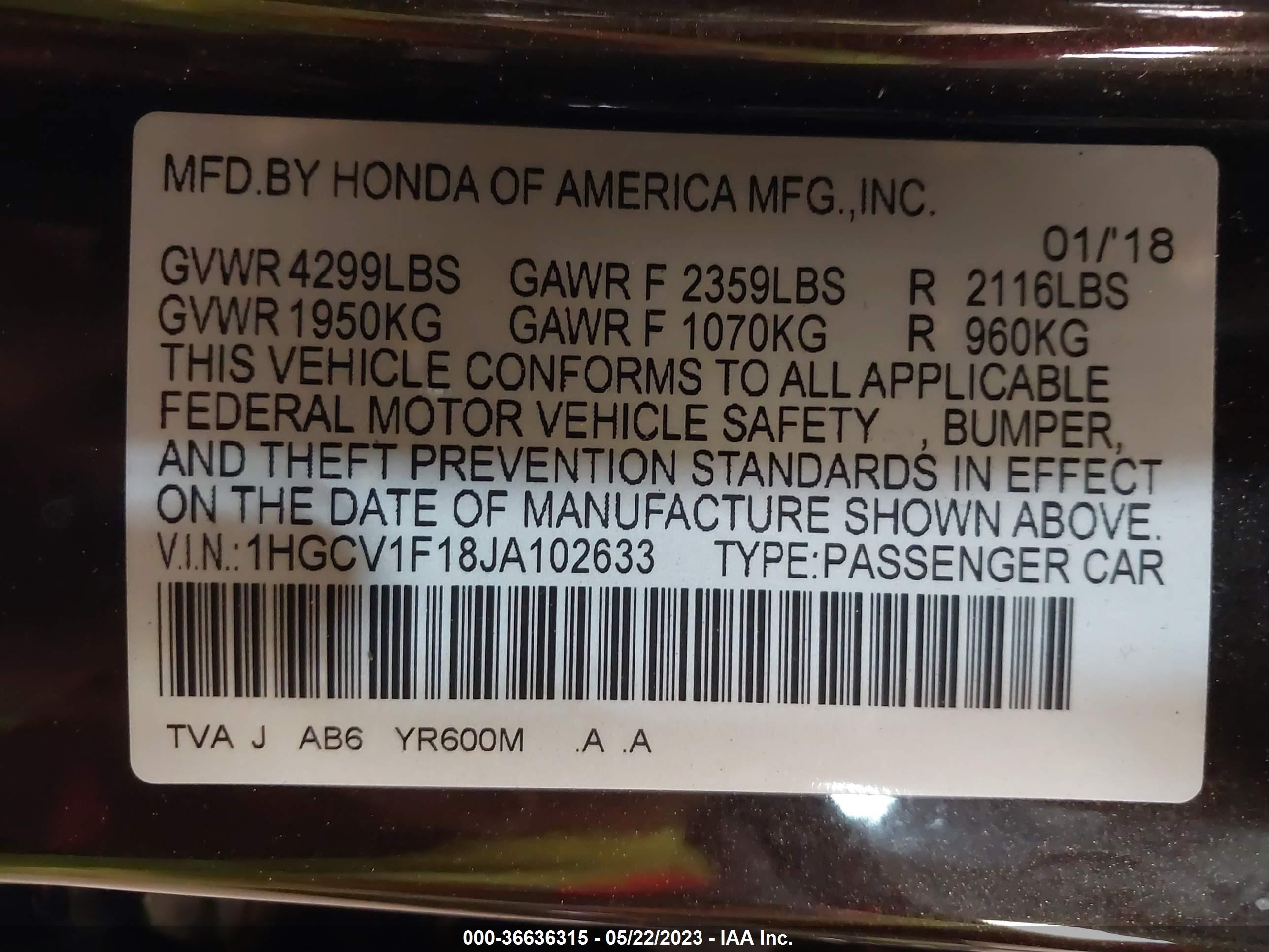 Photo 8 VIN: 1HGCV1F18JA102633 - HONDA ACCORD 