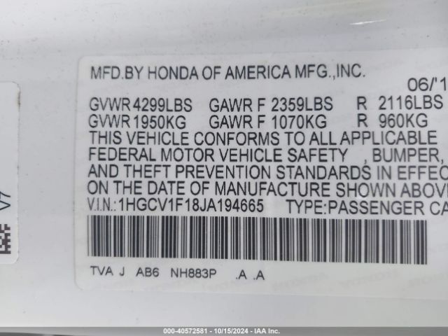 Photo 8 VIN: 1HGCV1F18JA194665 - HONDA ACCORD 