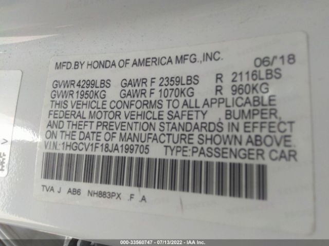 Photo 8 VIN: 1HGCV1F18JA199705 - HONDA ACCORD SEDAN 